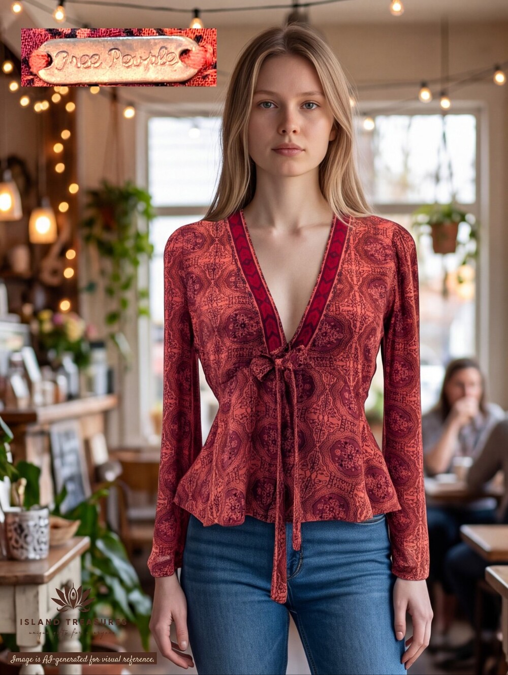 Free People Sz XS Tie Front Plunge V-Neck Long Sleeve Peplum Top Coral Medallion